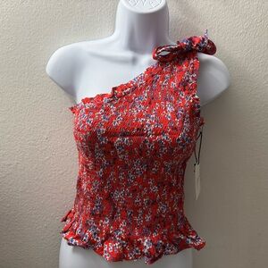 Japna Red Asymmetrical Ruffled Blouse
